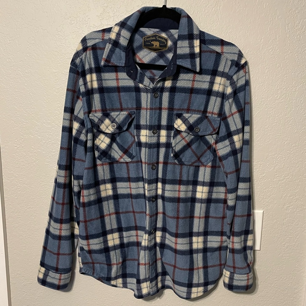 Freedom Foundry Mens Long Sleeve Plaid Blue White Flannel Button Up Shirt